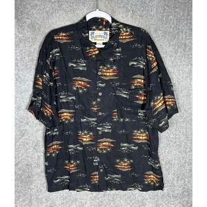 Old Maui Brand Hawaiian Button Up Shirt Mens Sz Large Black Airplanes Palm Trees